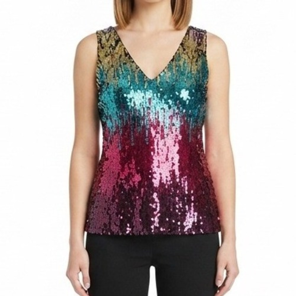 Impulsive Sequin Tank Top Womens Medium Multicolor Ombre V-Neck Sparkle Party